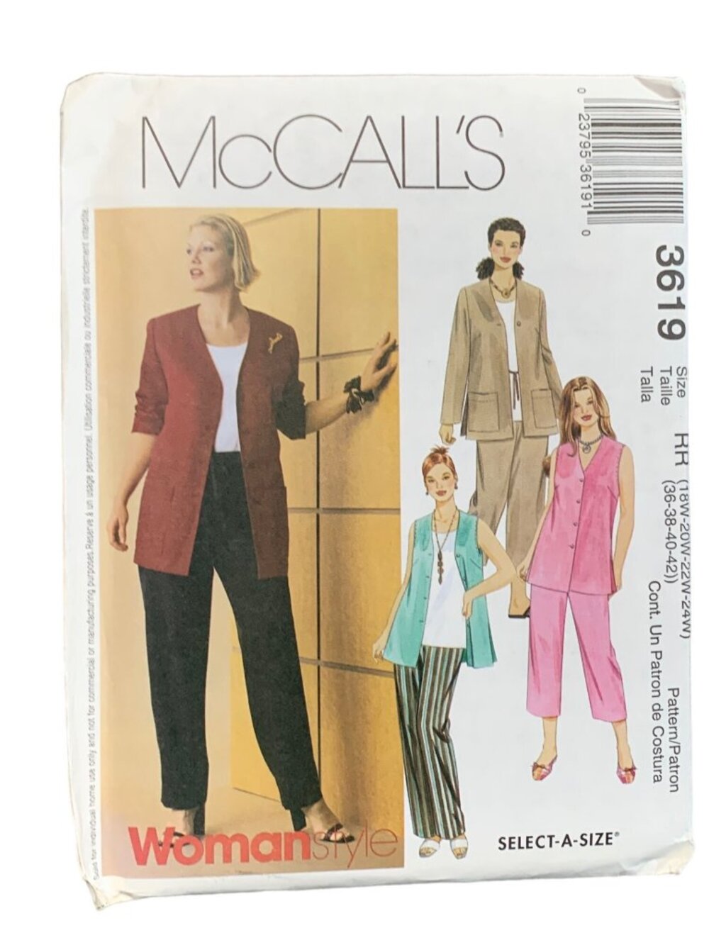 McCalls 3619 Womens Vest Coat Shirt Pant Sewing Pattern Size 18-20-22-24 Uncut